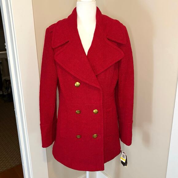 1 Madison Double Breasted Pea Coat Women's M | Red Boucle Wool Blend NWT - Picture 1 of 14